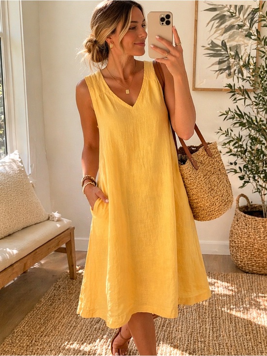 Magaschoni Dresses & Skirts - Magaschoni M Yellow Linen Shift Dress Sleeveless V Neck Midi A Line Luxury